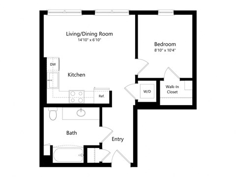 Floor plan for 1 bed, 1 bath, 538 sqft